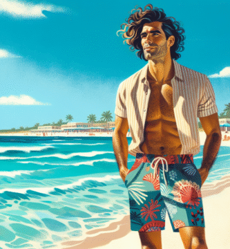 Vibrant image of a man wearing stylish beach shorts on a sunny day at the beach, sandy shores and clear blue waters in the background.