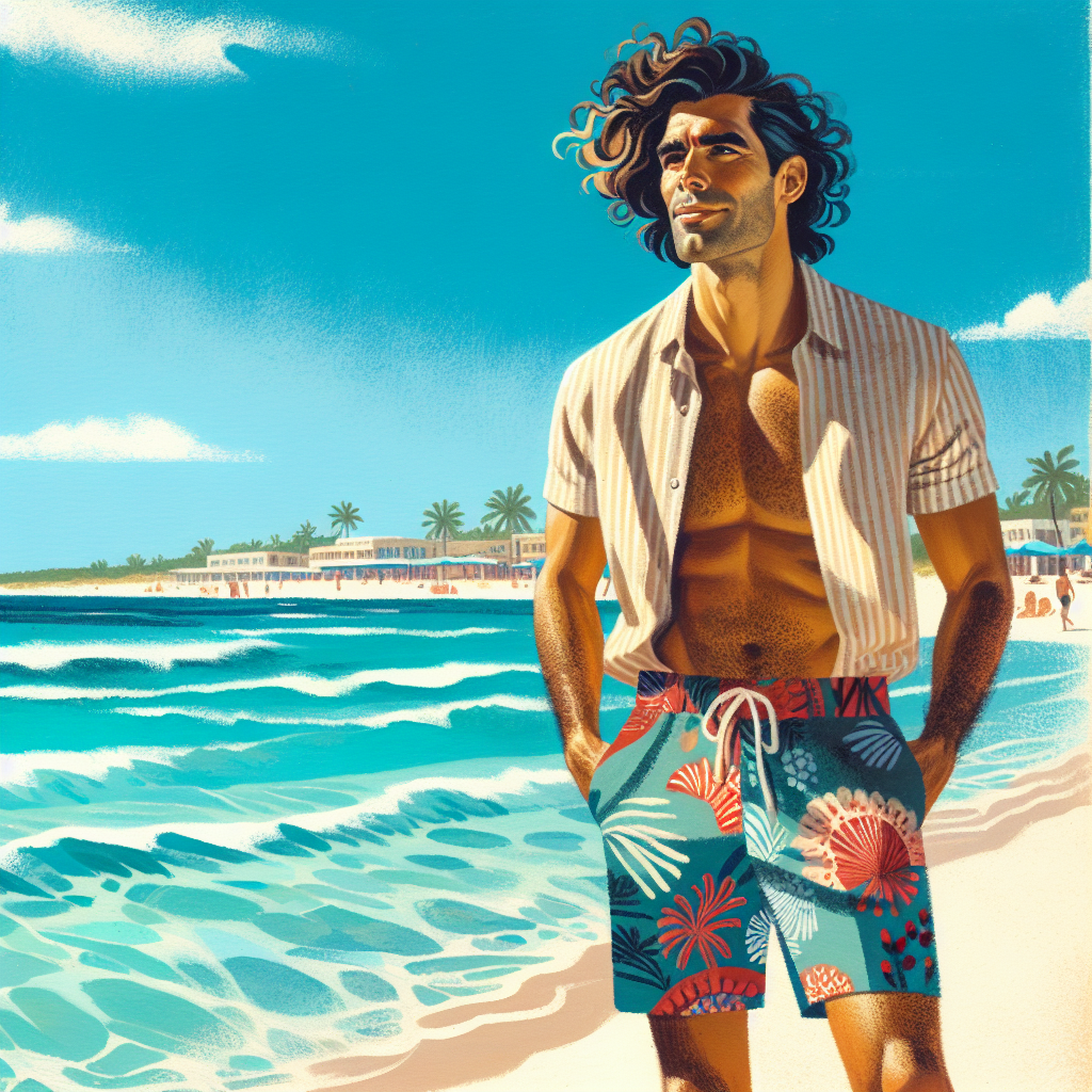 Vibrant image of a man wearing stylish beach shorts on a sunny day at the beach, sandy shores and clear blue waters in the background.