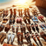 Elegant sandal and flip-flop collection on a sunny beach, showcasing different styles and colors, modern and trendy design, vibrant summer atmosphere.