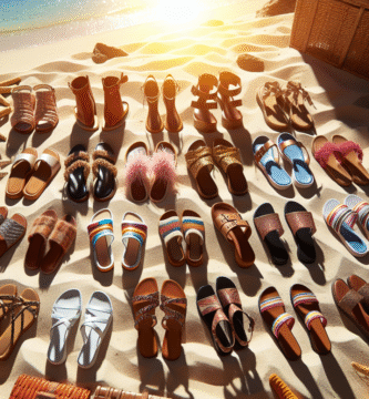Elegant sandal and flip-flop collection on a sunny beach, showcasing different styles and colors, modern and trendy design, vibrant summer atmosphere.