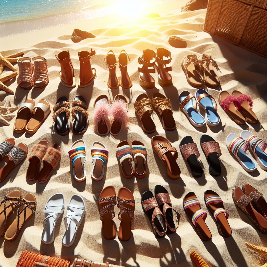 Elegant sandal and flip-flop collection on a sunny beach, showcasing different styles and colors, modern and trendy design, vibrant summer atmosphere.