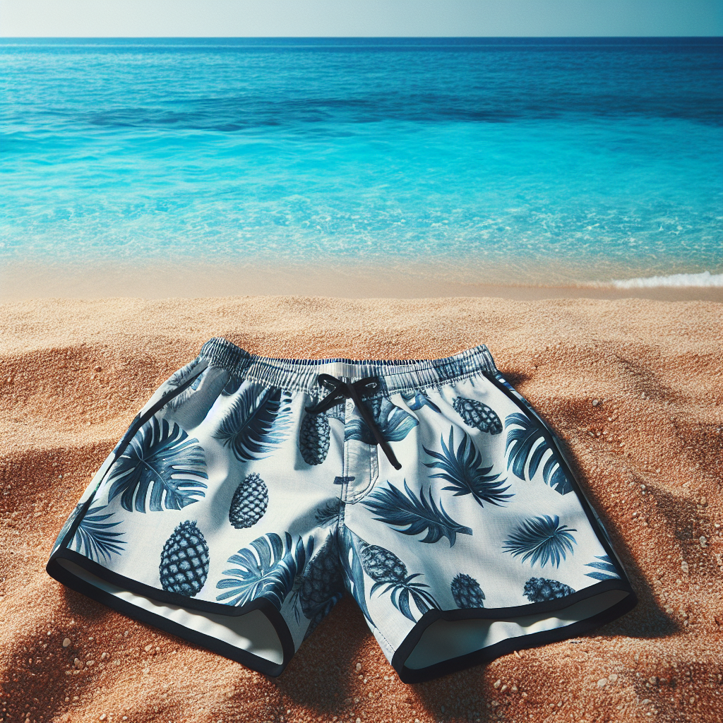 An image of a modern swimming short, laying on a beach with clear blue water in the background, showcasing a blend of style and function.