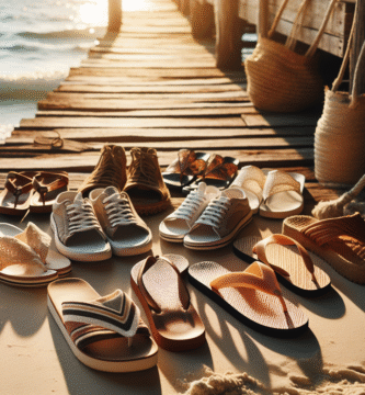 Nærbilde av ulike flip-flops og sandaler på sandstrand og trebrygge, naturlige farger, fokus på tekstur og materialer, sollys, sommerstemning