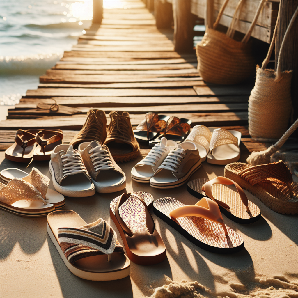 Nærbilde av ulike flip-flops og sandaler på sandstrand og trebrygge, naturlige farger, fokus på tekstur og materialer, sollys, sommerstemning