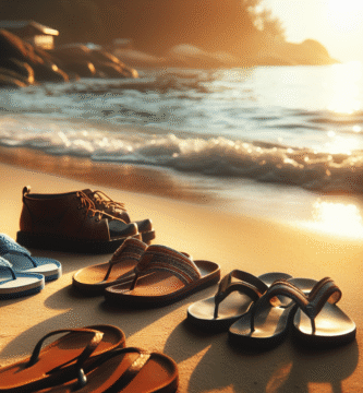 Sommerlig nært bilde av ulike flip-flops og sandaler plassert på våt sand ved strandkanten, naturlig lys, varme farger, minimalistisk styling