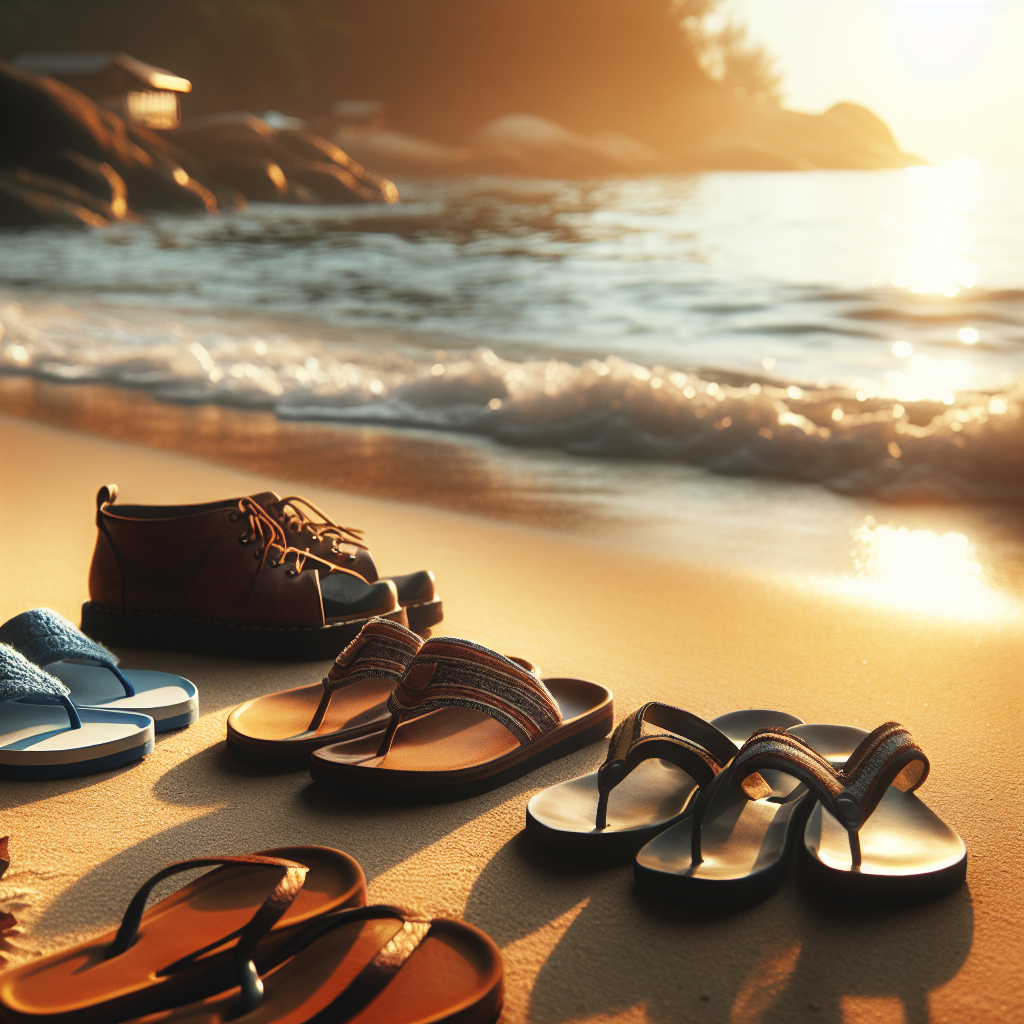 Sommerlig nært bilde av ulike flip-flops og sandaler plassert på våt sand ved strandkanten, naturlig lys, varme farger, minimalistisk styling